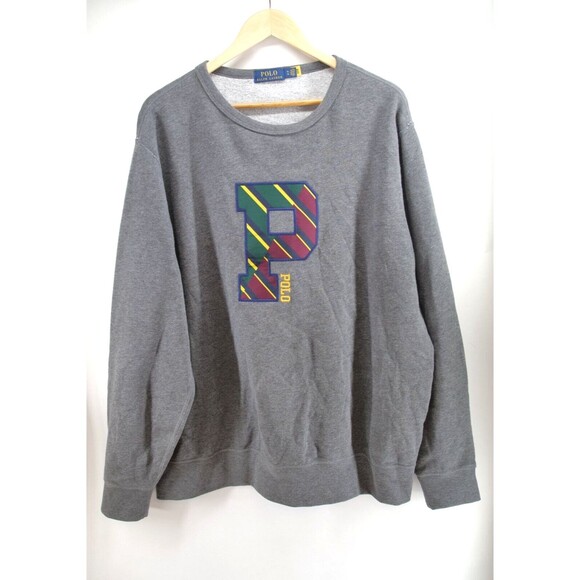 Polo Ralph Lauren Sweatshirt Men’s XL Gray‎ Letterman Plaid P Patch Pullover - Picture 1 of 7